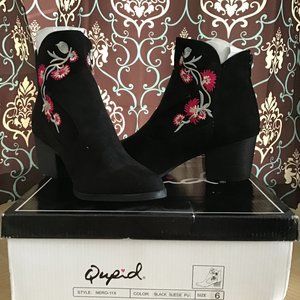 Qupid Faux Suede Floral Embroidered Booties